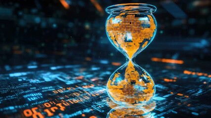 Wall Mural - digital hourglass with futuristic light effects surrounded by matrix-like digital data stream
