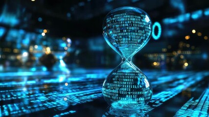 Wall Mural - digital hourglass against backdrop of binary code and abstract blue lights