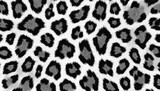 Seamless black, white snow leopard print texture featuring animal spots. This abstract background pattern mimics fur, ideal for textile, fashion design, wallpaper, or wrapping paper applications.