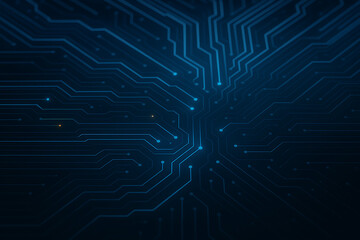 Dark blue computer circuit board background showcases technology, connectivity, and futuristic data transmission with glowing paths.