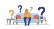 © Femke - Man sitting on sofa surrounded by large question marks pondering deep thoughts and uncertainty