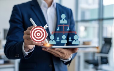 Professional digital marketing concept showing hands in navy suit using tablet and stylus with floating red target icon and hierarchical blue user icons connected by red lines