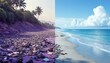© Maryna - Split image shows polluted beach choked with plastic waste against pristine coast. One side displays marine debris, destruction, pristine ocean, sand, palm trees, environmental choice for