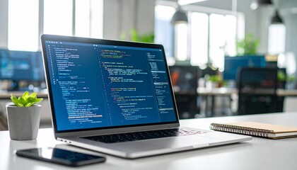Close up view of coding on laptop in a modern office setting