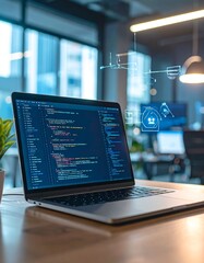 laptop on desk displaying code with digital interface elements floatin