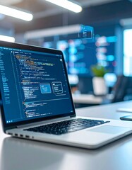 modern laptop displaying code in a stylish office environment