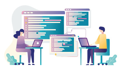 Illustration of two people coding on laptops with code windows in the background in a modern style
