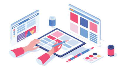Isometric web design interface concept with hands holding pencil and color palette and two web pages