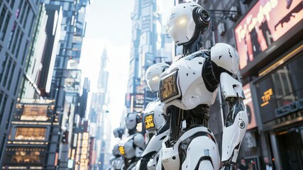Wall Mural - a humanoid robot in a futuristic city