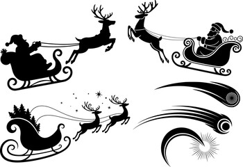  Set of Black and White Christmas Sleigh Icons Featuring Santa, Reindeer, and Festive Elements - Ideal for Holiday Designs
