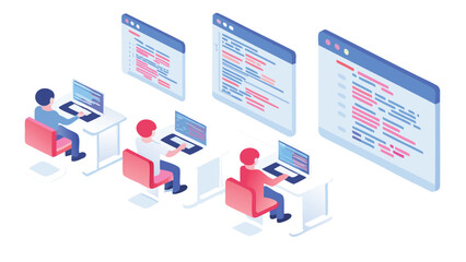 Isometric view of programmers working at desks with code windows in the background displayed