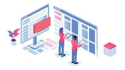 Isometric web design team collaborating on website layout with computer and interface elements shown