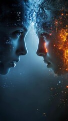 Wall Mural - a beautiful woman and an ai robot facing each other, concept of integration between humans and artif
