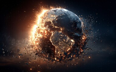 Wall Mural - A photo of the planet Earth burning and shattering into pieces, with an explosion on the surface, against a dark background with stars in the sky, featuring volumetric lighting and a hyper-realistic, 