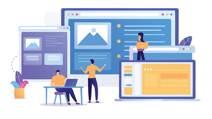 Illustration of web designers collaborating on multiple screens with a laptop and desktop setup