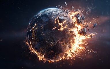 Wall Mural - A photo of the planet Earth burning and shattering into pieces, with an explosion on the surface, against a dark background with stars in the sky, featuring volumetric lighting and a hyper-realistic, 