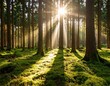 © Hyper Creative - Sunlight shining through tall trees in green forest with mossy ground cover during daytime