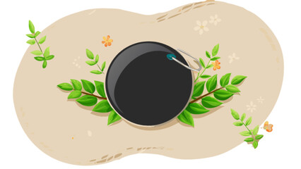 Black circle frame mockup with green leaves and floral background for product display and presentation use