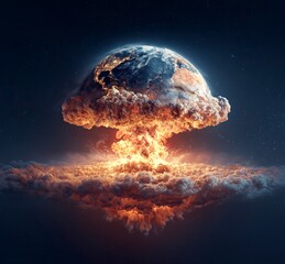 Wall Mural - Earth exploding, an explosive scene in space, hyper-realistic, dark background, Earth floating in the air, fire and smoke coming out of it, a nuclear bomb mushroom cloud behind the planet Earth, 