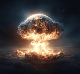 Wall Mural - Earth exploding, an explosive scene in space, hyper-realistic, dark background, Earth floating in the air, fire and smoke coming out of it, a nuclear bomb mushroom cloud behind the planet Earth, 
