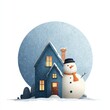 © Georg - Winter wonderland scene featuring a cozy blue house with a snowman in front during a snowy evening