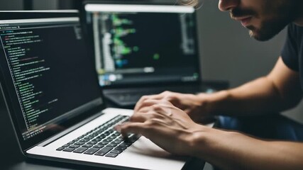 Focused Software Developer Typing Code on Laptop at Dark Workstation, Displaying Green Lines of Data on Multiple Screens