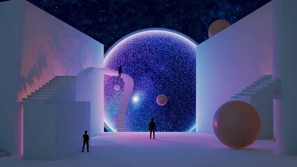 Wall Mural - luminous cosmic sphere dominating surreal landscape, scientists exploring mysterious starry environm