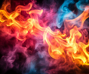 Abstract swirls of vibrant red, orange, and blue smoke against a black background.