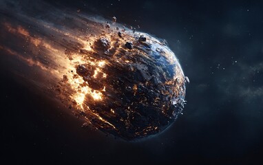 Wall Mural - The Earth being destroyed by an asteroid, hyper-realistic, cinematic, dark background. The planet Earth is burning and falling apart into shards of glass. Black space with stars in the sky, high resol
