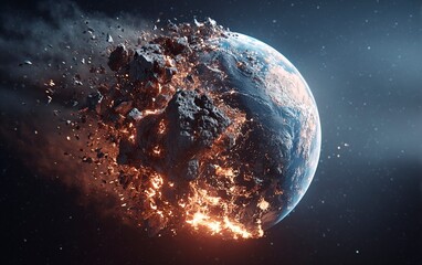 Wall Mural - The Earth being destroyed by an asteroid, hyper-realistic, cinematic, dark background. The planet Earth is burning and falling apart into shards of glass. Black space with stars in the sky, high resol