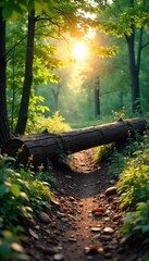 Wall Mural - A fallen log creates a barrier across a path, yet also forms a natural bridge, symbolizing challenges transforming into new possibilities The sun shines through the leaves above , scenic, landscape