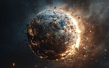Wall Mural - The Earth being destroyed by an asteroid, hyper-realistic, cinematic, dark background. The planet Earth is burning and falling apart into shards of glass. Black space with stars in the sky, high resol