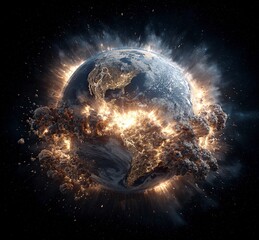 Wall Mural - The Earth exploding in space, a stock photo, 3D rendering, hyper-realistic, high-resolution, high-definition image. 