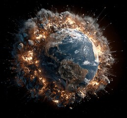 Wall Mural - The Earth exploding in space, a stock photo, 3D rendering, hyper-realistic, high-resolution, high-definition image. 