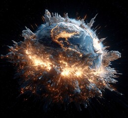 Wall Mural - The Earth exploding in space, a stock photo, 3D rendering, hyper-realistic, high-resolution, high-definition image. 
