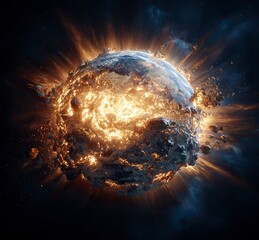 Wall Mural - The Earth exploding in space, a stock photo, 3D rendering, hyper-realistic, high-resolution, high-definition image. 
