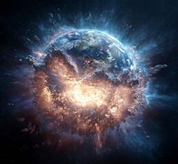 Wall Mural - The Earth exploding in space, a stock photo, 3D rendering, hyper-realistic, high-resolution, high-definition image. 