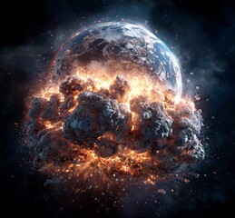 Wall Mural - The Earth exploding in space, a stock photo, 3D rendering, hyper-realistic, high-resolution, high-definition image