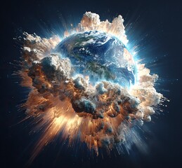 Wall Mural - The Earth exploding in space, a stock photo, 3D rendering, hyper-realistic, high-resolution, high-definition image