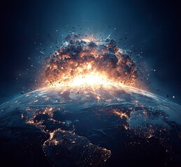 Wall Mural - The Earth exploding in space, a stock photo, 3D rendering, hyper-realistic, high-resolution, high-definition image