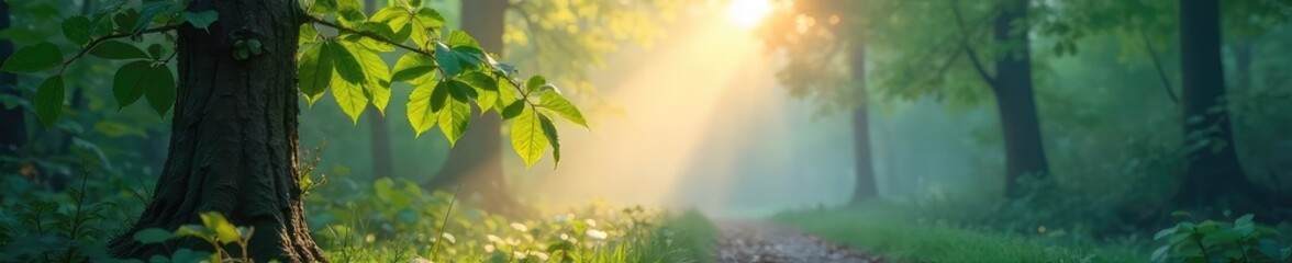 Wall Mural - Ethereal mist clinging to leaves, creating a mystical and serene forest scene at dawn Sunlight filters through the fog, highlighting the delicate details of the foliage , serene, dreamy, autumn
