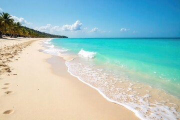 Wall Mural - Fine, light-colored sand gently slopes down to meet the tranquil, turquoise ocean waves on a sunny day Perfect for travel, vacation, or coastal themed projects , natural, grains