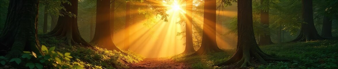 Wall Mural - Golden sunbeams stream through gaps in a dense forest canopy, illuminating the forest floor in dappled light A breathtaking display of nature's light and shadow play , woods, shadow, sunlight