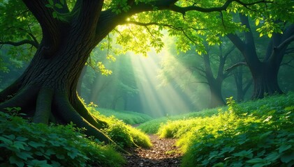 Wall Mural - Sunlight dappled through the leaves of a lush, green forest, illuminating the vibrant undergrowth and ancient trees A tranquil scene of untouched natural beauty , biodiversity, fungi