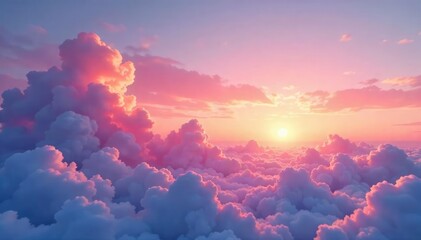 Wall Mural - A breathtaking sunrise paints the sky in soft shades of pink, illuminating fluffy clouds and a tranquil landscape Perfect for weather, nature, and serenity themes , texture, heavenly, optimistic