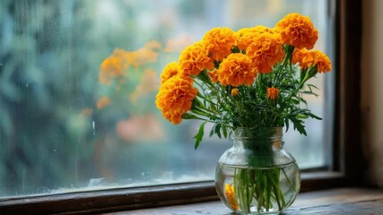 Wall Mural - bright orange marigolds in glass jar on windowsill
