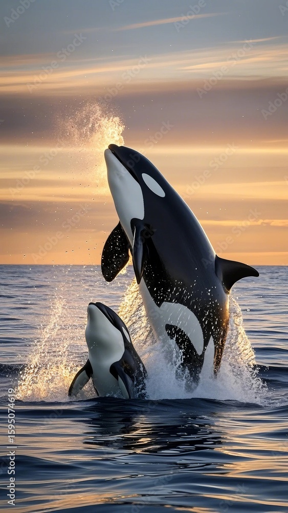 Orca whales and their calves are swimming together in the vast ocean ...