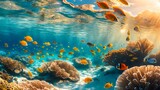 Swimming Fish and Coral Reef Under Water with Sunlight Shining Through