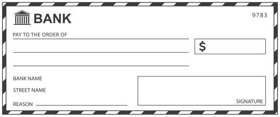 Bank check, vector blank money cheque, checkbook template with guilloche pattern and fields. Currency payment coupon, money check background
