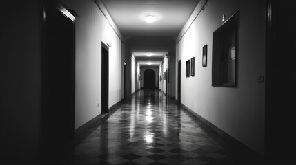  Long, dark hallway at night